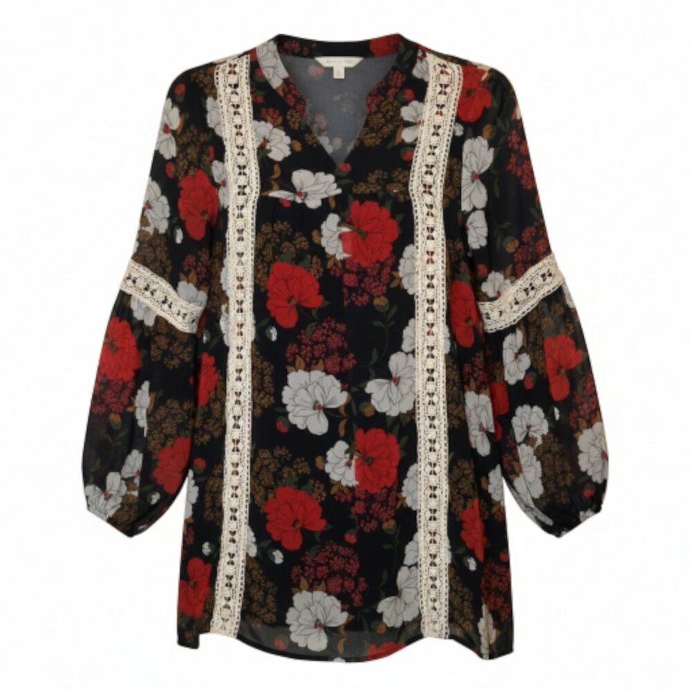 Boho Floral Tunic Top Womens Large Navy Red Crochet Trim V Neck Peasant Blouse